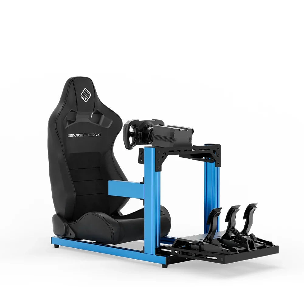 SIMGASM Hobby blue sim racing cockpit with black reclining seat and MOZA wheel base, front three-quarter studio view