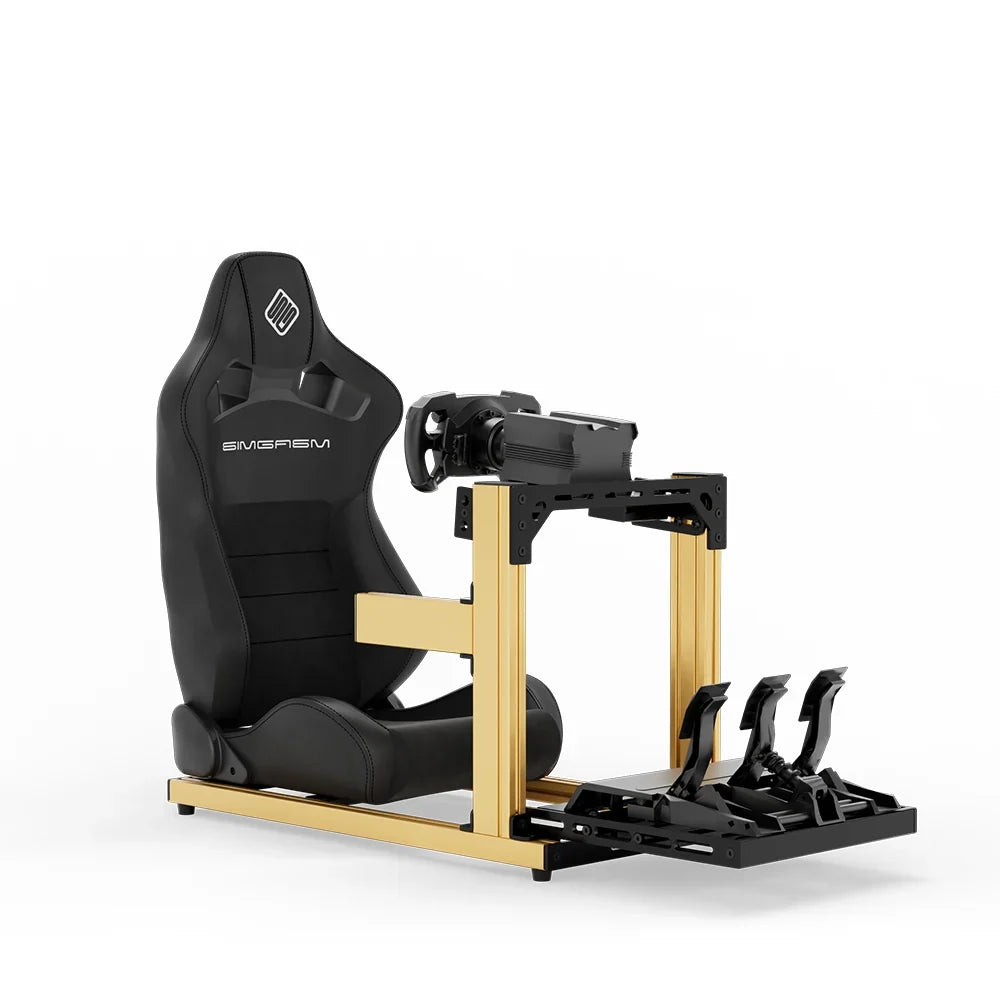 SIMGASM Hobby gold sim racing cockpit with black reclining seat and MOZA wheel base, front three-quarter studio view