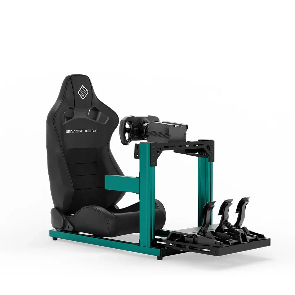 SIMGASM Hobby green sim racing cockpit with black reclining seat and MOZA wheel base, front three-quarter studio view
