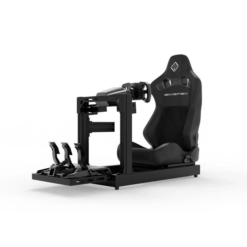 SIMGASM Club black sim racing cockpit with black reclining seat and MOZA wheel base, front three-quarter studio view