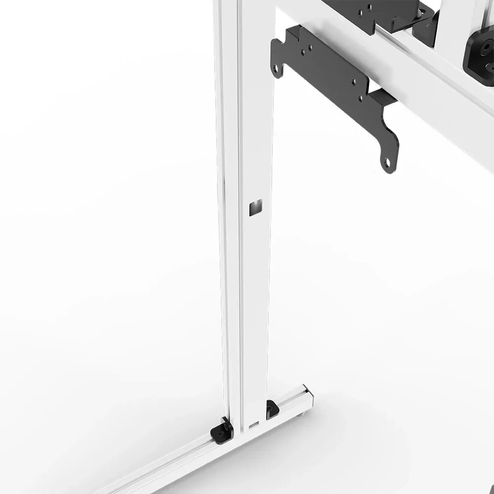 Close-up of the VESA mounts and height-adjustment clamp on the white SIMGASM Apex freestanding double monitor stand