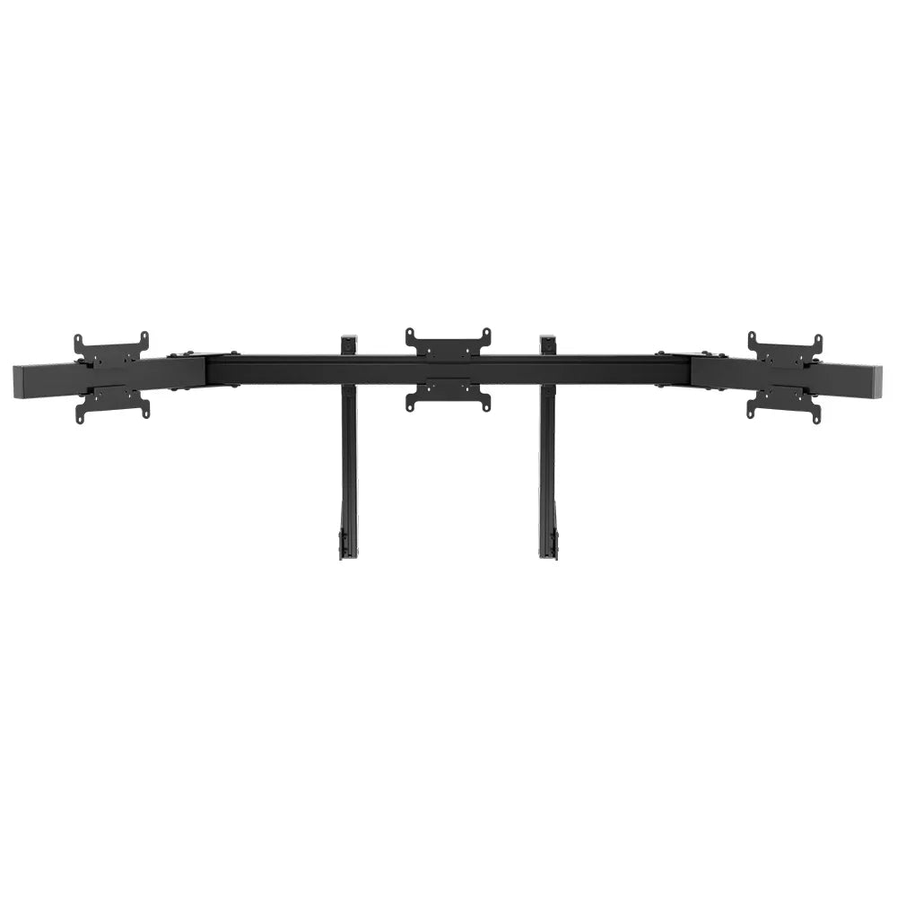 Front three-quarter view of the black SIMGASM Apex integrated triple monitor stand