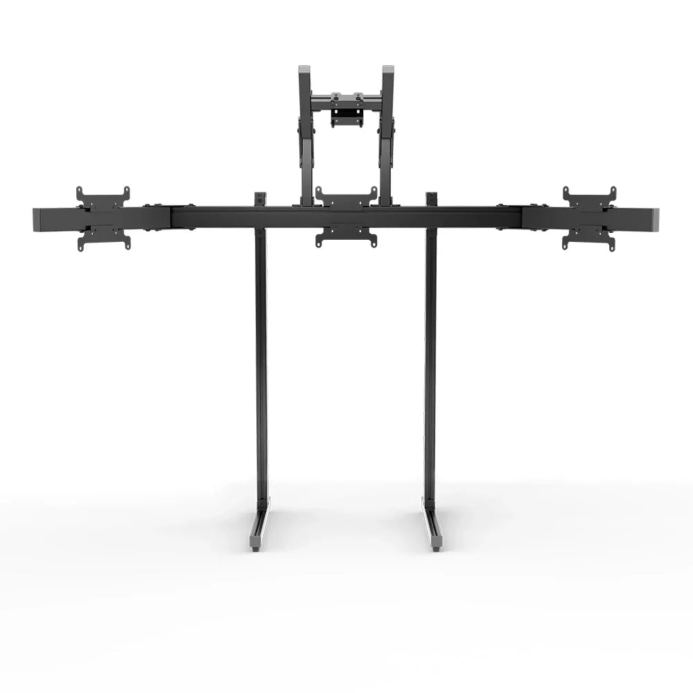 Front three-quarter view of the black SIMGASM Apex freestanding quad monitor stand