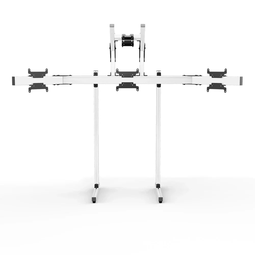 Left three-quarter view of the white SIMGASM Apex freestanding quad monitor stand
