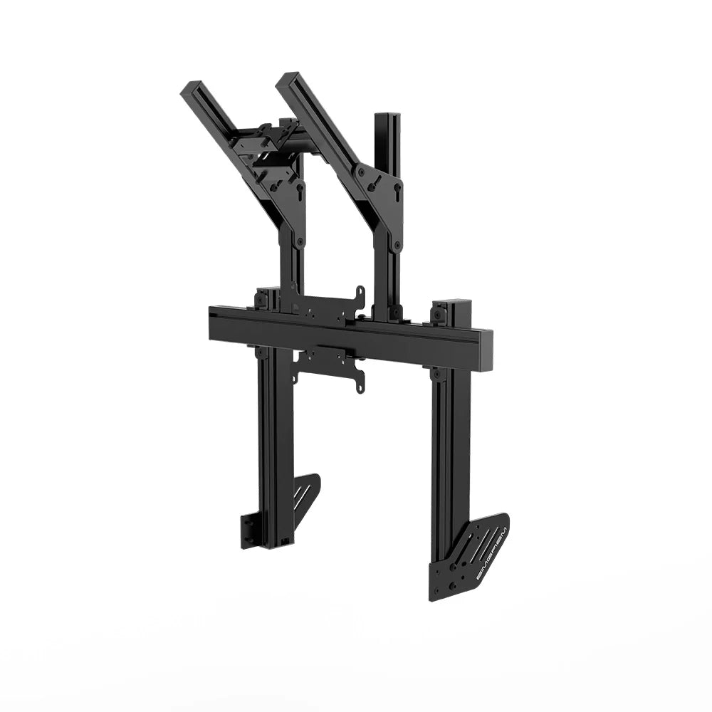 Three-quarter view of the black SIMGASM Apex integrated double monitor stand