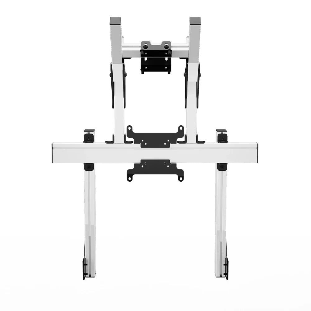 Straight-on product view of the white SIMGASM Apex integrated double monitor stand with its VESA brackets