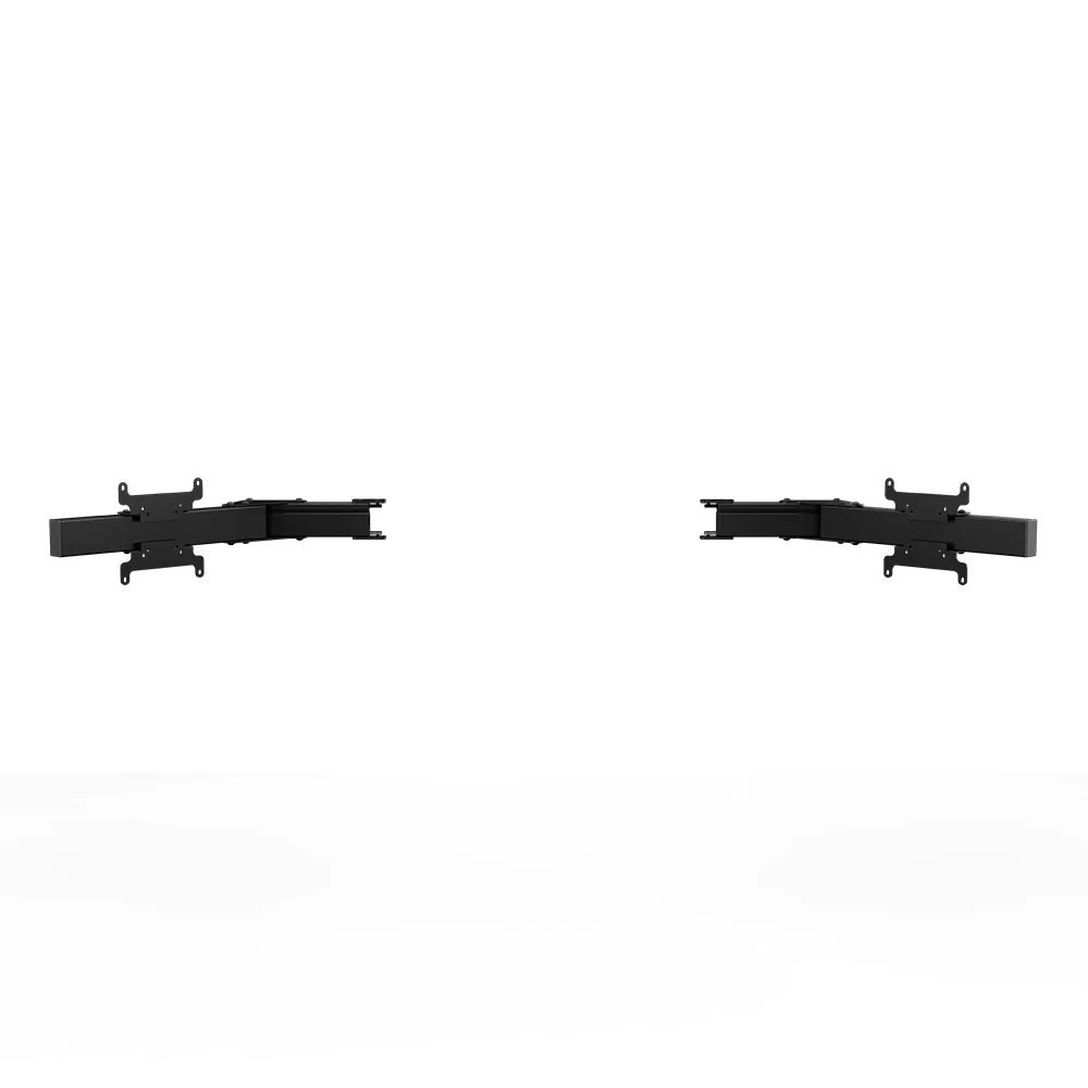 Mirrored left and right Apex monitor stand side arms with articulated extensions and VESA plates