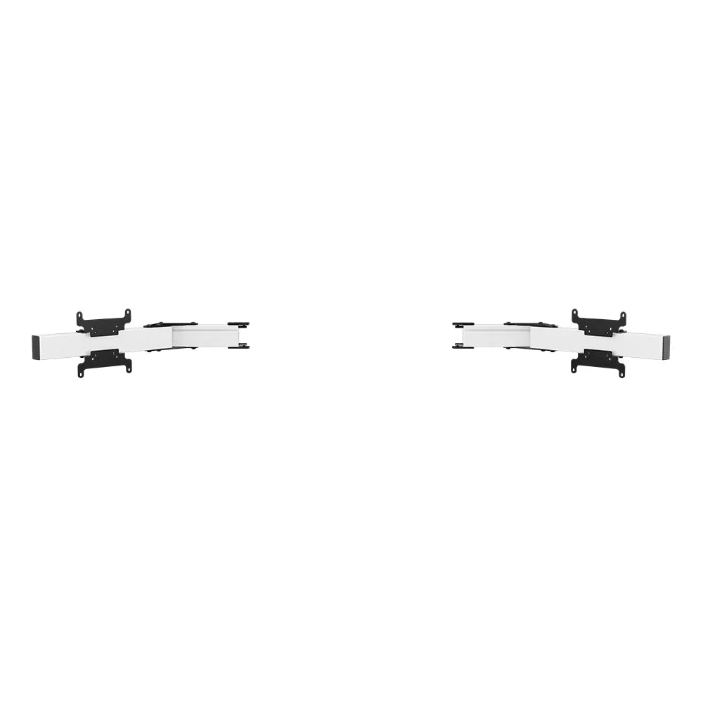 Straight-on product view of the white SIMGASM Apex monitor-stand side-arm set with its VESA brackets