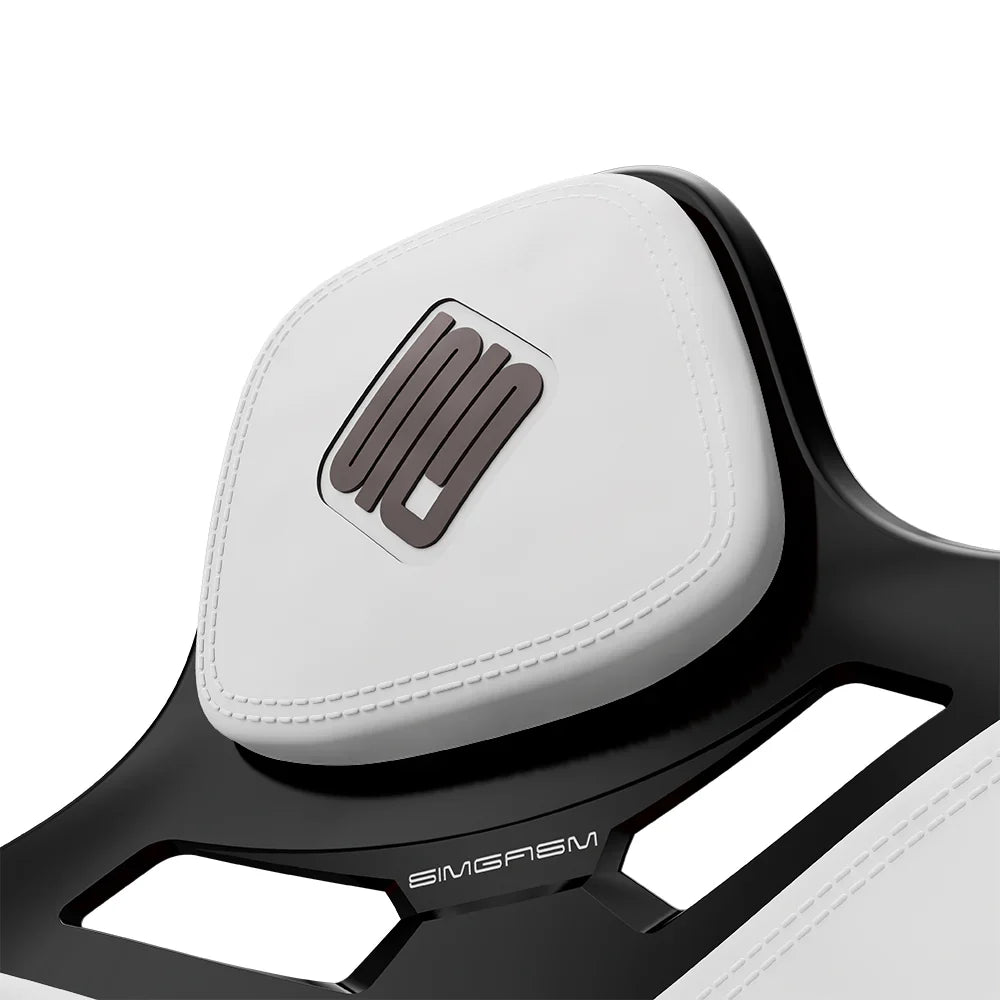Close-up of the white headrest cushion on the black-shell SIMGASM Atlas Formula seat