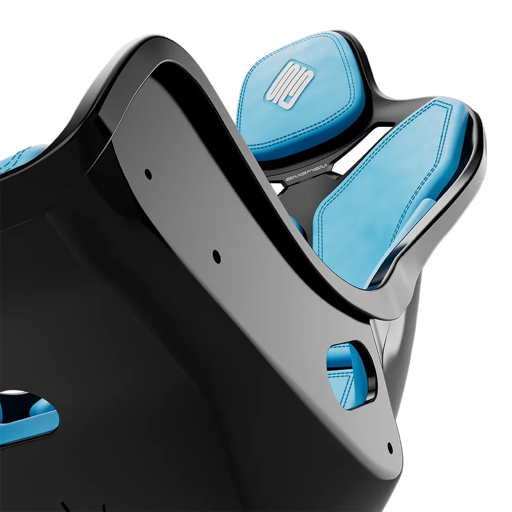Close-up of the blue cushions and side opening on the black-shell SIMGASM Atlas Formula seat