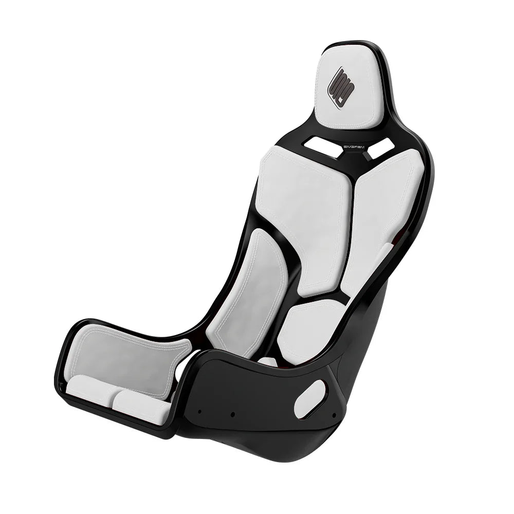 Black-shell SIMGASM Atlas Formula seat fitted with white cushions in a front three-quarter view