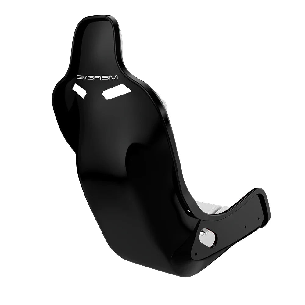 Rear three-quarter view showing white side trim on the black-shell SIMGASM Atlas Formula seat