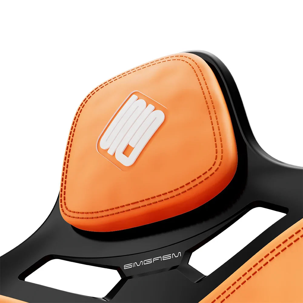 Close-up of the orange headrest cushion on the black-shell SIMGASM Atlas Formula seat