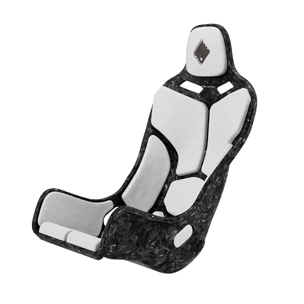 SIMGASM Atlas Formula seat with a Forged Carbon Look shell fitted with white cushions in a front three-quarter view