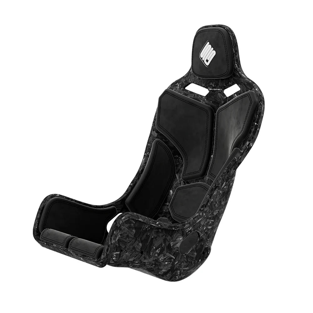SIMGASM Atlas Formula seat with a Forged Carbon Look shell fitted with black cushions in a front three-quarter view