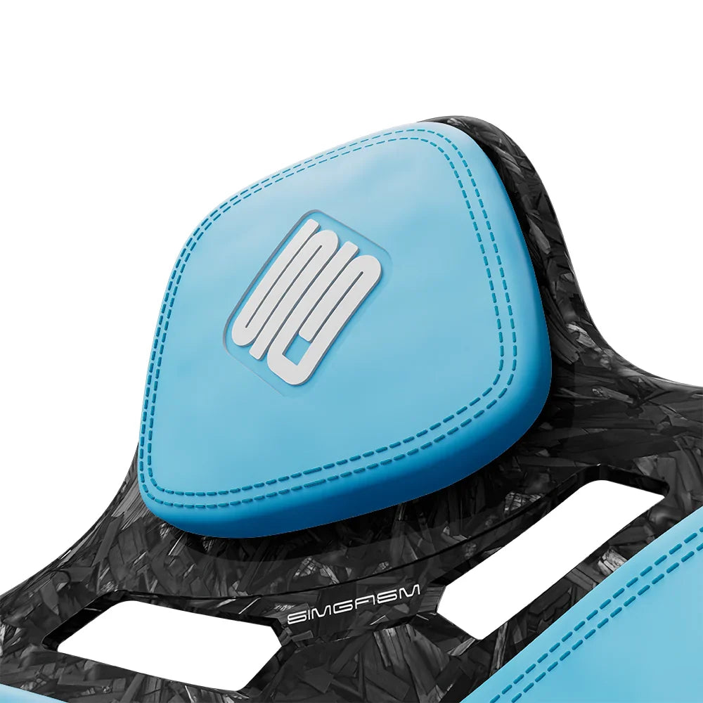 Close-up of the blue headrest cushion on the SIMGASM Atlas Formula seat with a Forged Carbon Look shell