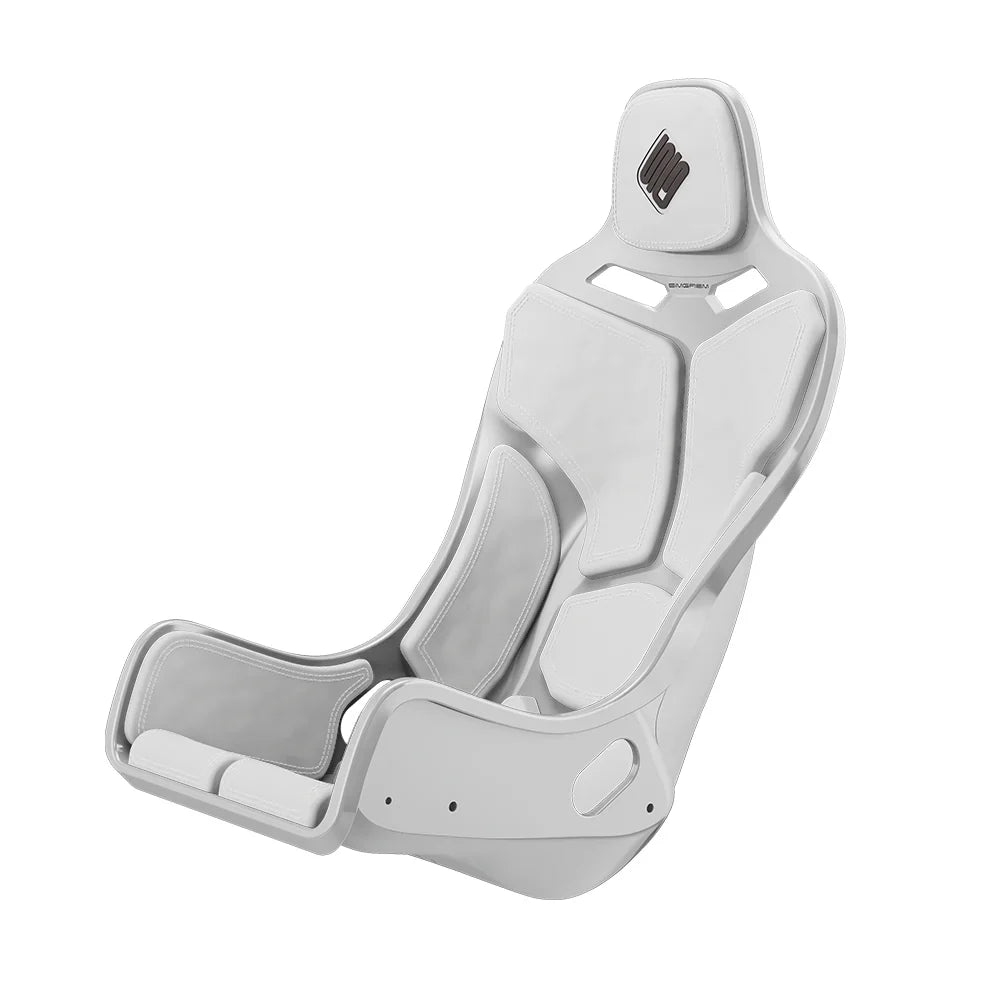 White-shell SIMGASM Atlas Formula seat fitted with white cushions in a front three-quarter view