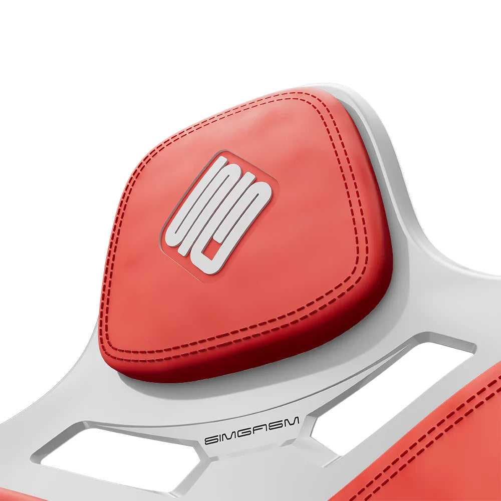 Close-up of the red headrest cushion on the white-shell SIMGASM Atlas Formula seat