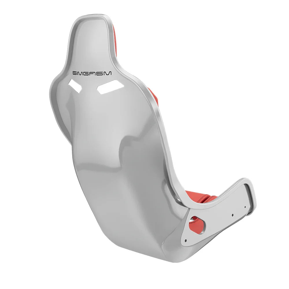 Rear three-quarter view showing red side trim on the white-shell SIMGASM Atlas Formula seat
