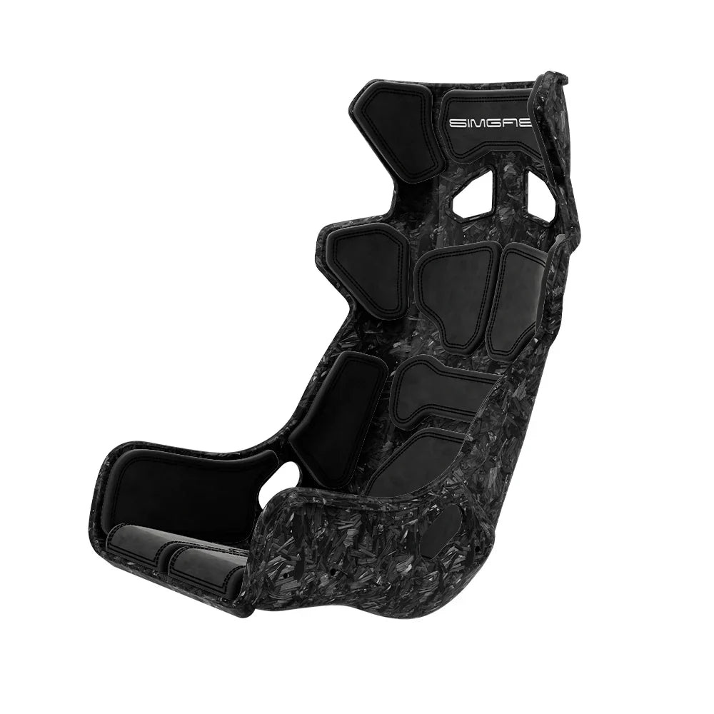 SIMGASM Atlas GT seat with a Forged Carbon Look shell fitted with black cushions in a front three-quarter view