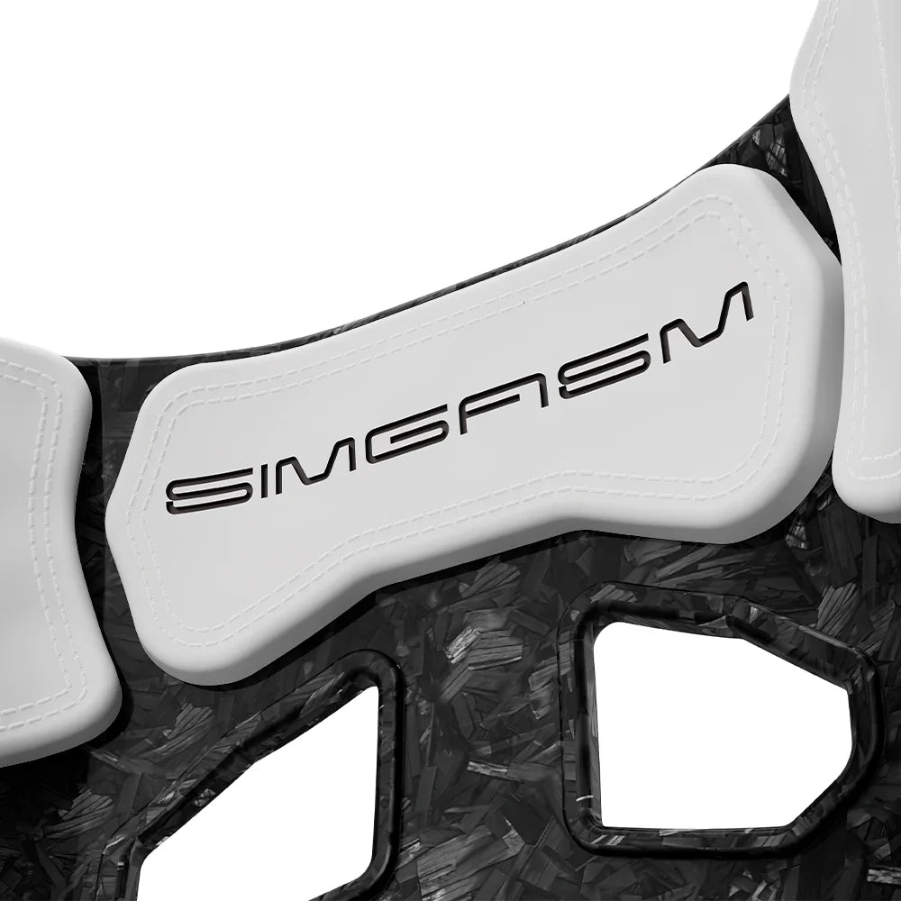 Close-up of the white upper backrest cushion on the SIMGASM Atlas GT seat with a Forged Carbon Look shell
