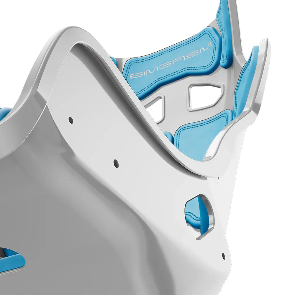 Close-up of the blue cushions and side shell on the white-shell SIMGASM Atlas GT seat
