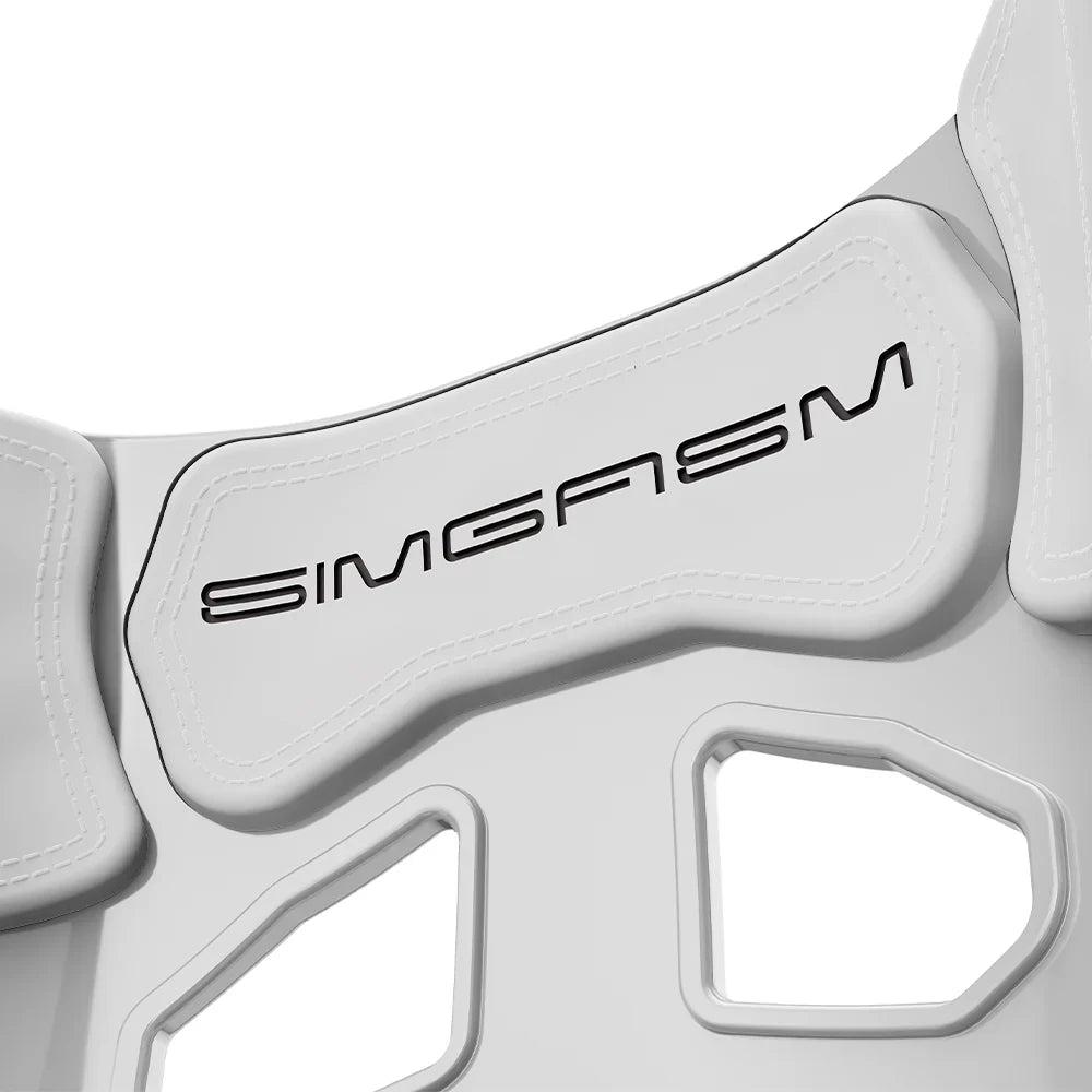 Close-up of the white upper backrest cushion on the white-shell SIMGASM Atlas GT seat