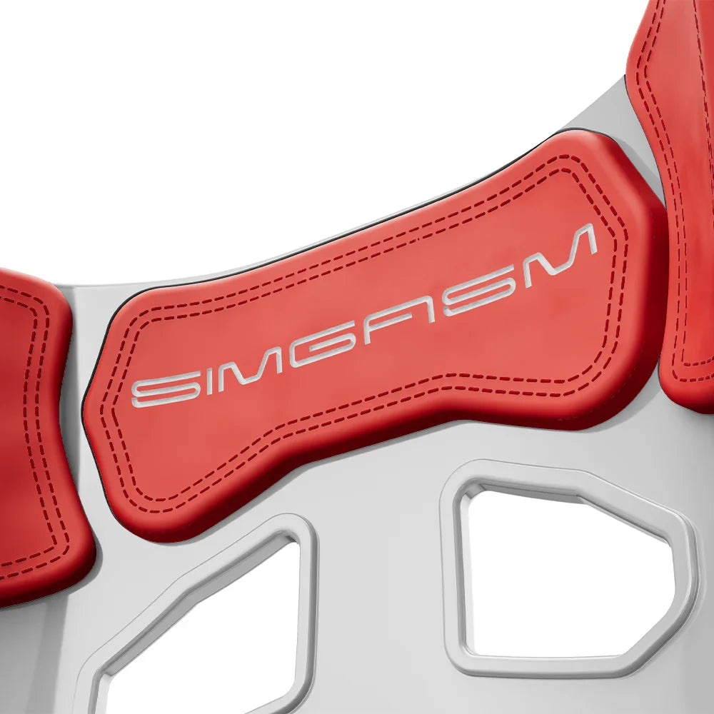 Close-up of the red upper backrest cushion on the white-shell SIMGASM Atlas GT seat