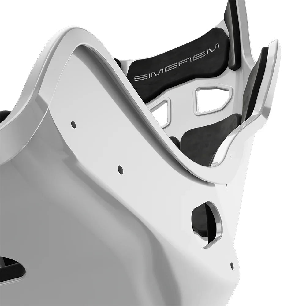 Close-up of the black cushions and side shell on the white-shell SIMGASM Atlas GT seat
