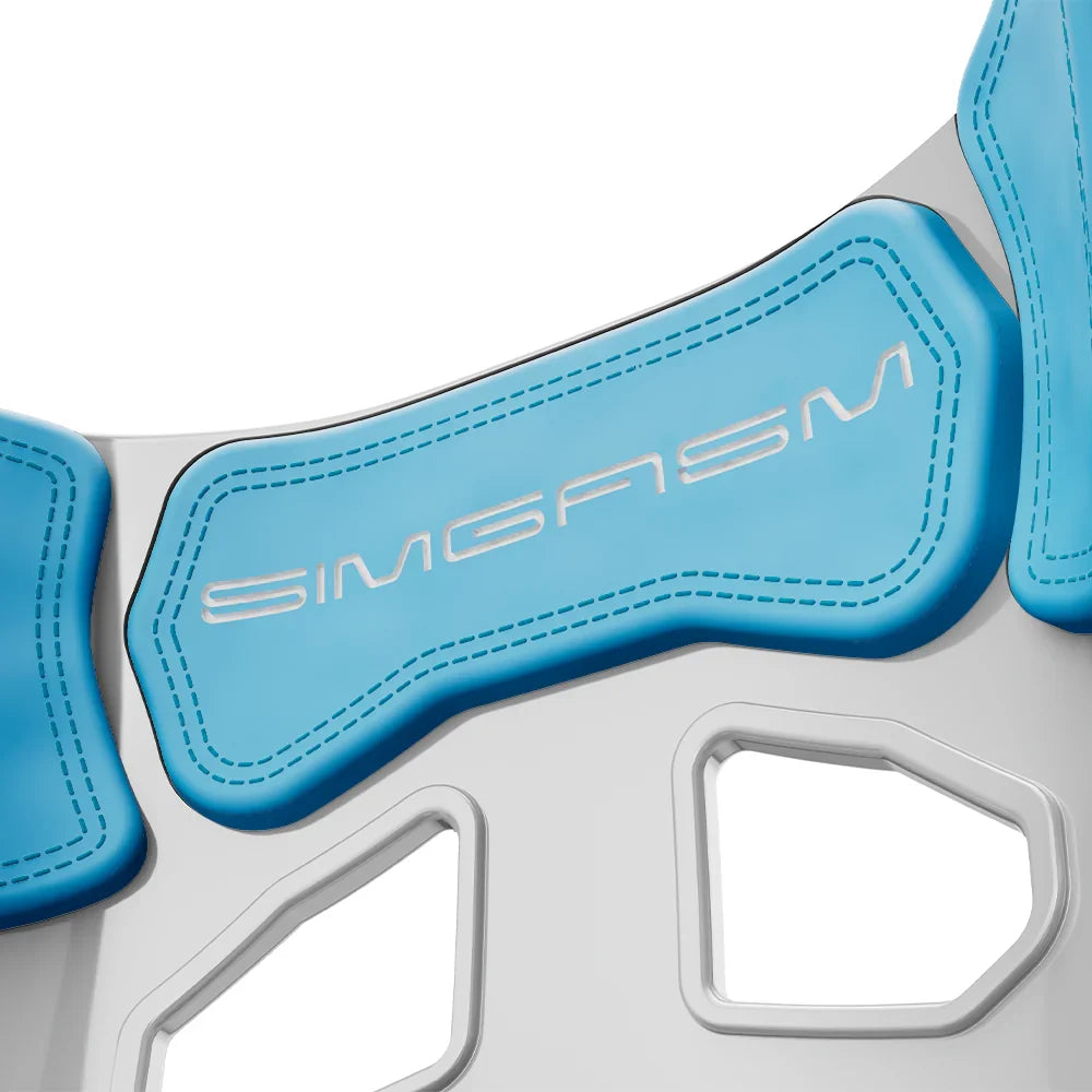 Close-up of the blue upper backrest cushion on the white-shell SIMGASM Atlas GT seat