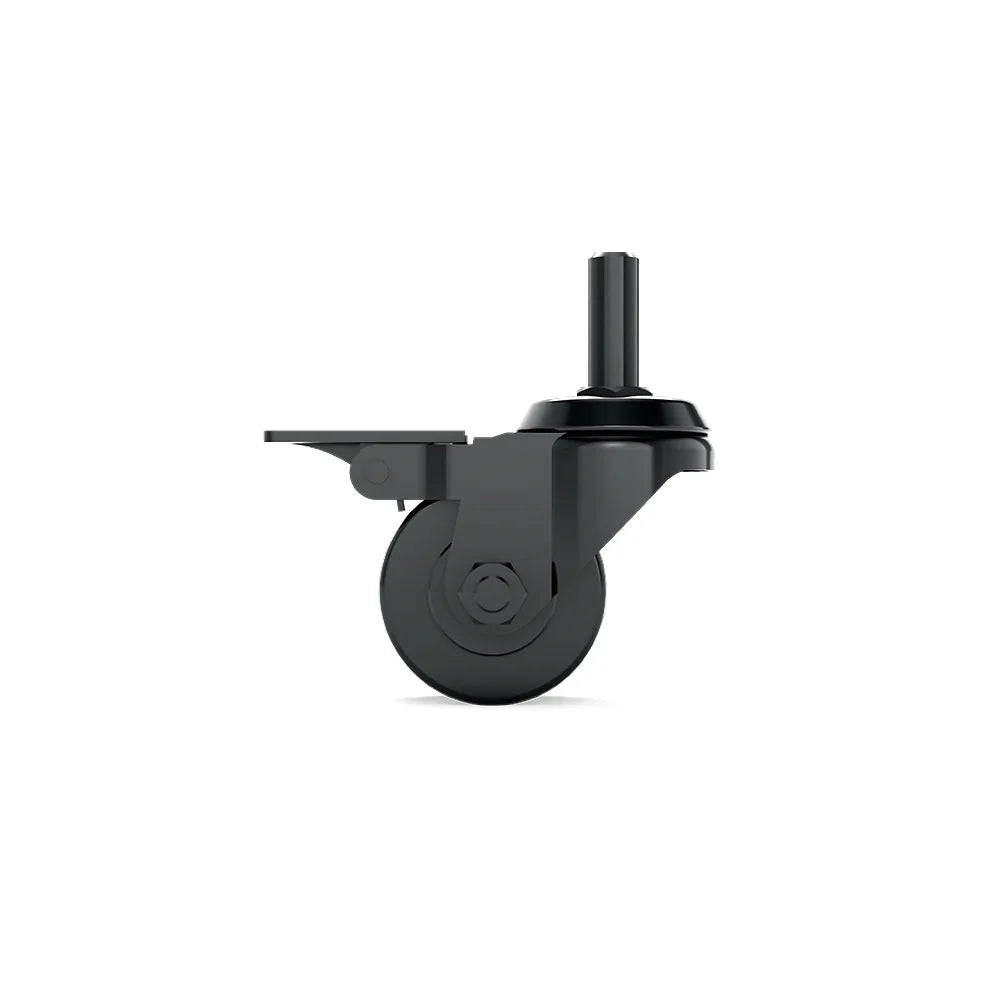 Side close-up of a black SIMGASM locking caster wheel and threaded mounting stem