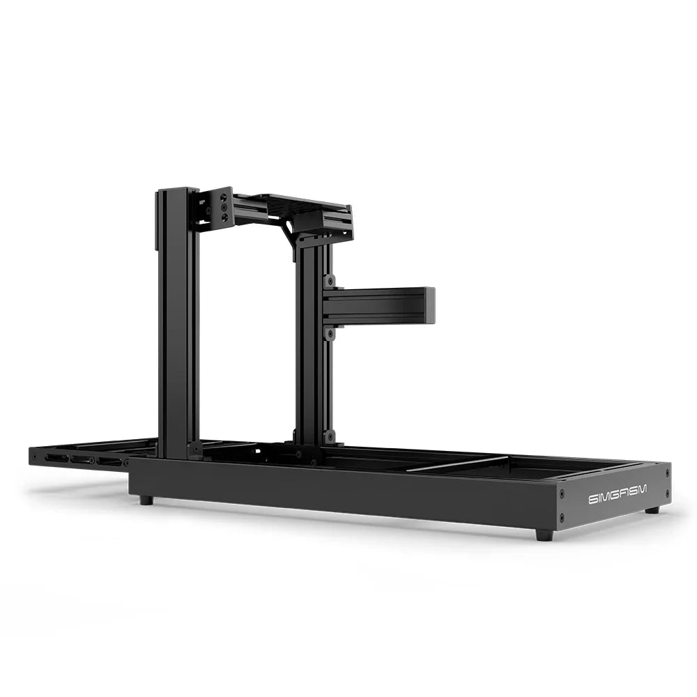 SIMGASM Club black sim racing cockpit, bottom-mount wheel deck, side-profile studio view