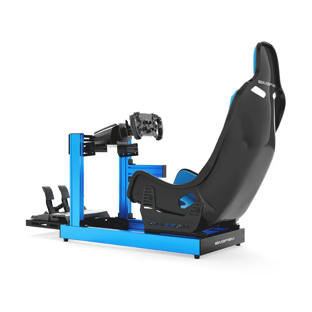 SIMGASM Club blue sim racing cockpit, blue Formula seat and MOZA wheel base, side studio view showing seat back