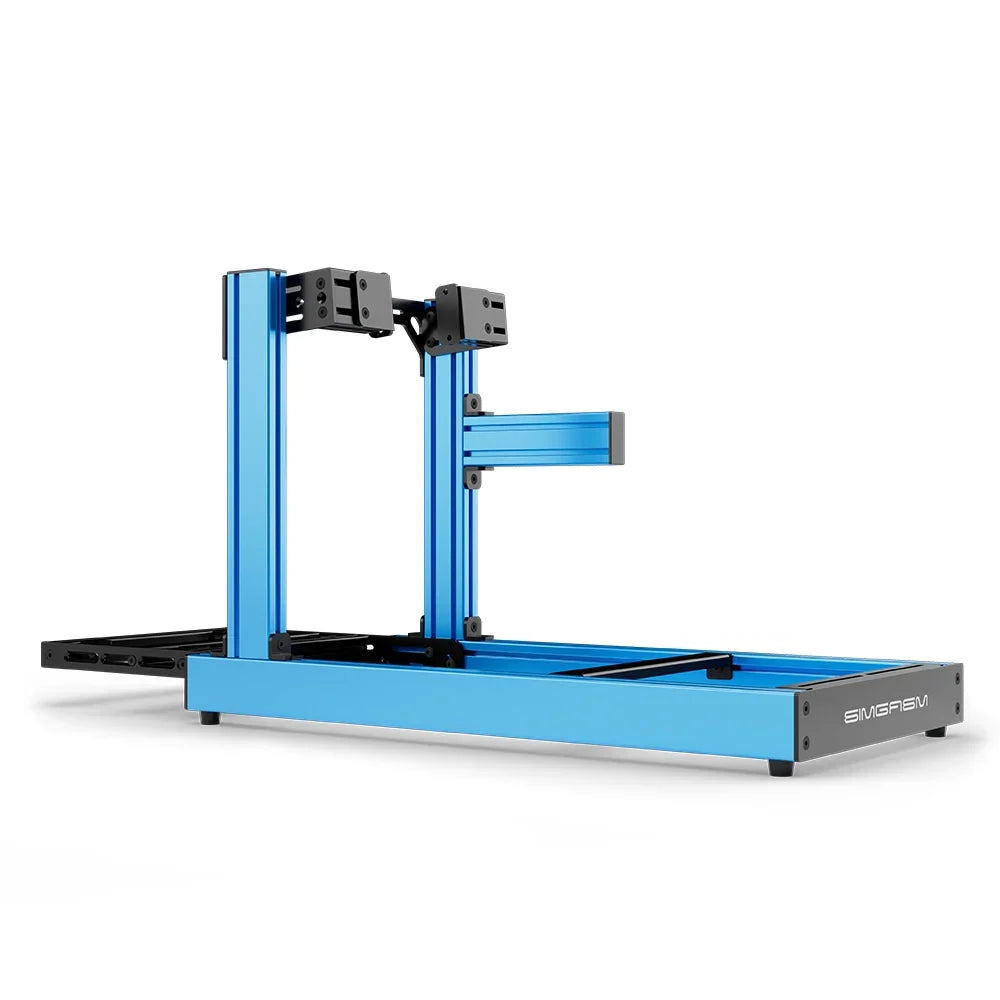 SIMGASM Club blue sim racing cockpit, side-mount wheel brackets, side-profile studio view