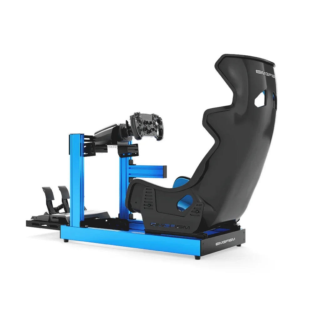 SIMGASM Club blue sim racing cockpit, blue GT seat and MOZA wheel base, side studio view showing seat back