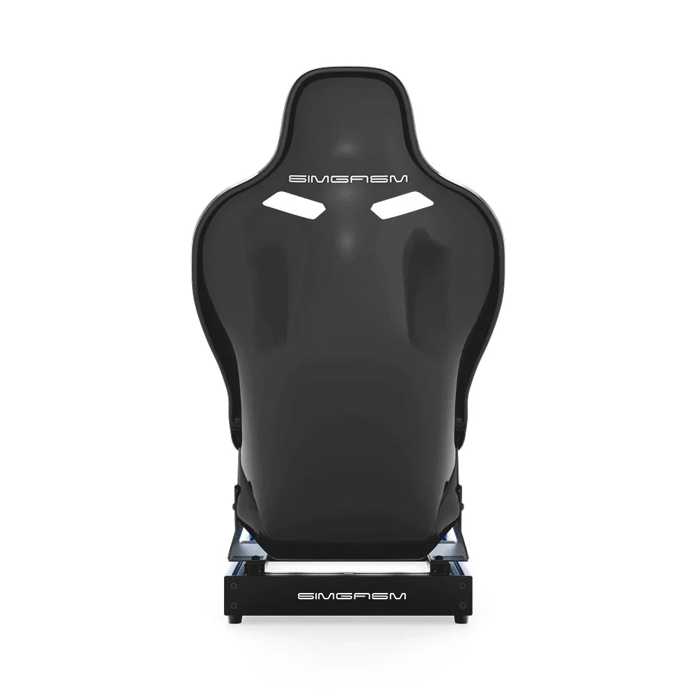 SIMGASM Club blue sim racing cockpit, blue Formula seat, rear view of seat shell