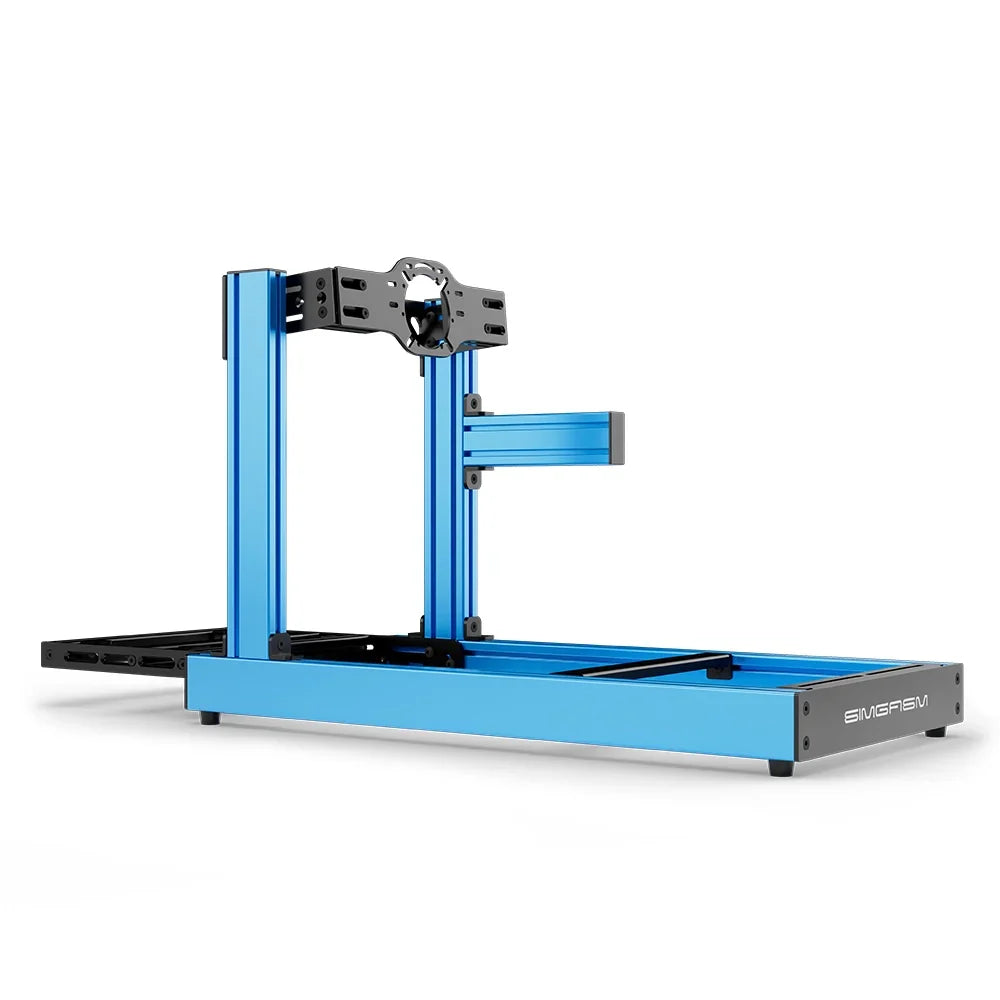 SIMGASM Club blue sim racing cockpit, front-mount wheel plate, side-profile studio view