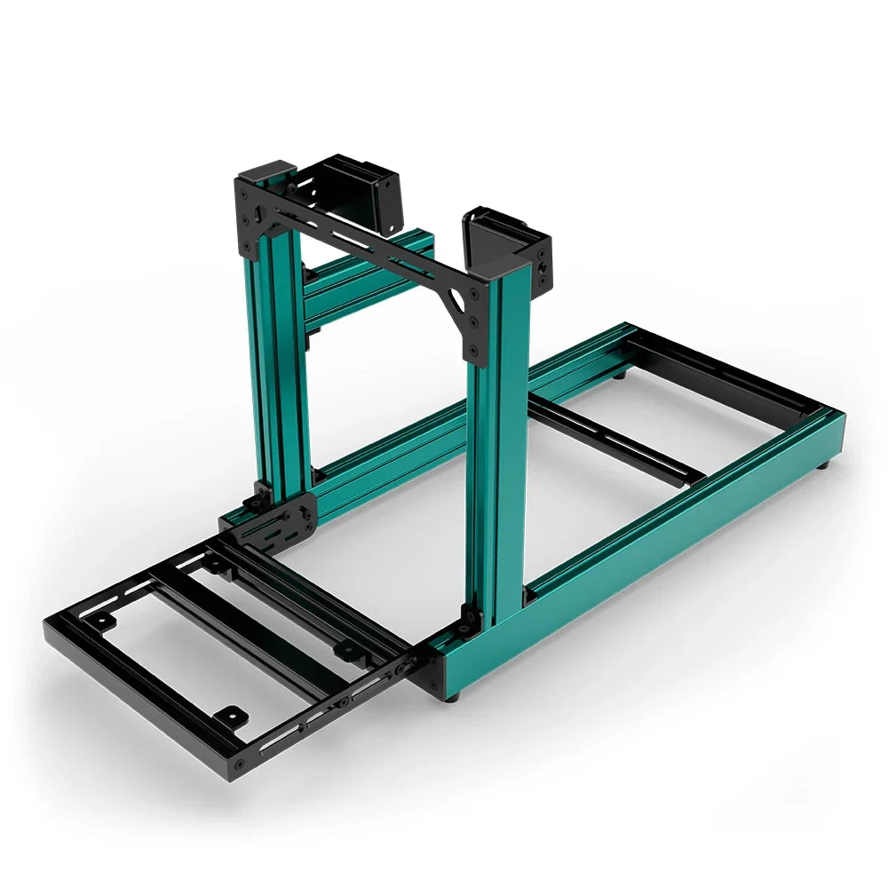 SIMGASM Club green sim racing cockpit, side-mount wheel brackets, pedal-end three-quarter studio view