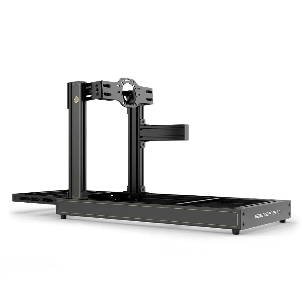 SIMGASM Club JPS sim racing cockpit, front-mount wheel plate, side-profile studio view