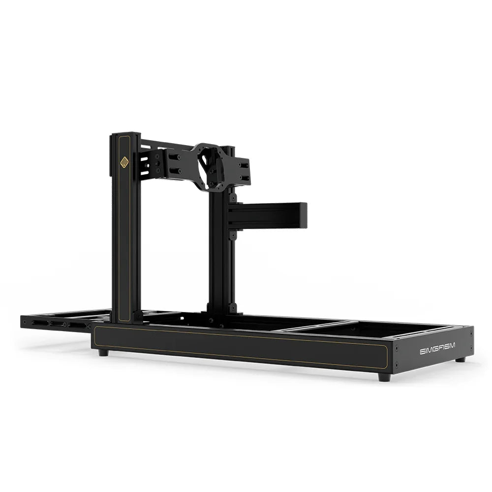 SIMGASM Club JPS sim racing cockpit, arched wheel-mount plate, side-profile studio view