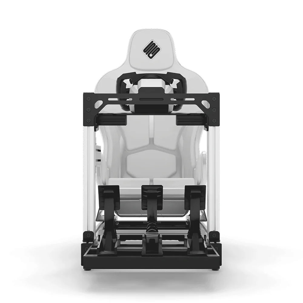 SIMGASM Club Marini sim racing cockpit, white Formula seat and MOZA wheel base, straight front studio view