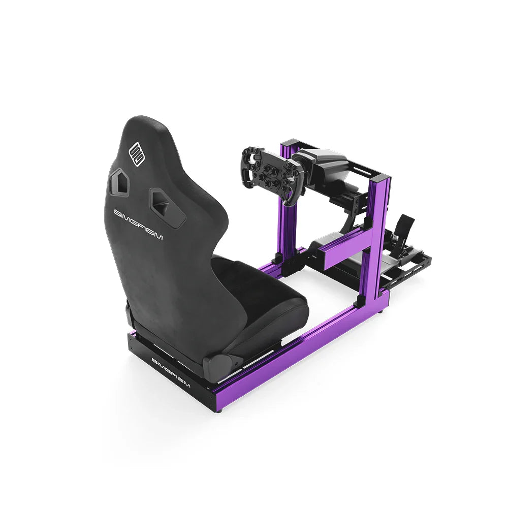 SIMGASM Club purple sim racing cockpit, black reclining seat and MOZA wheel base, elevated rear studio view