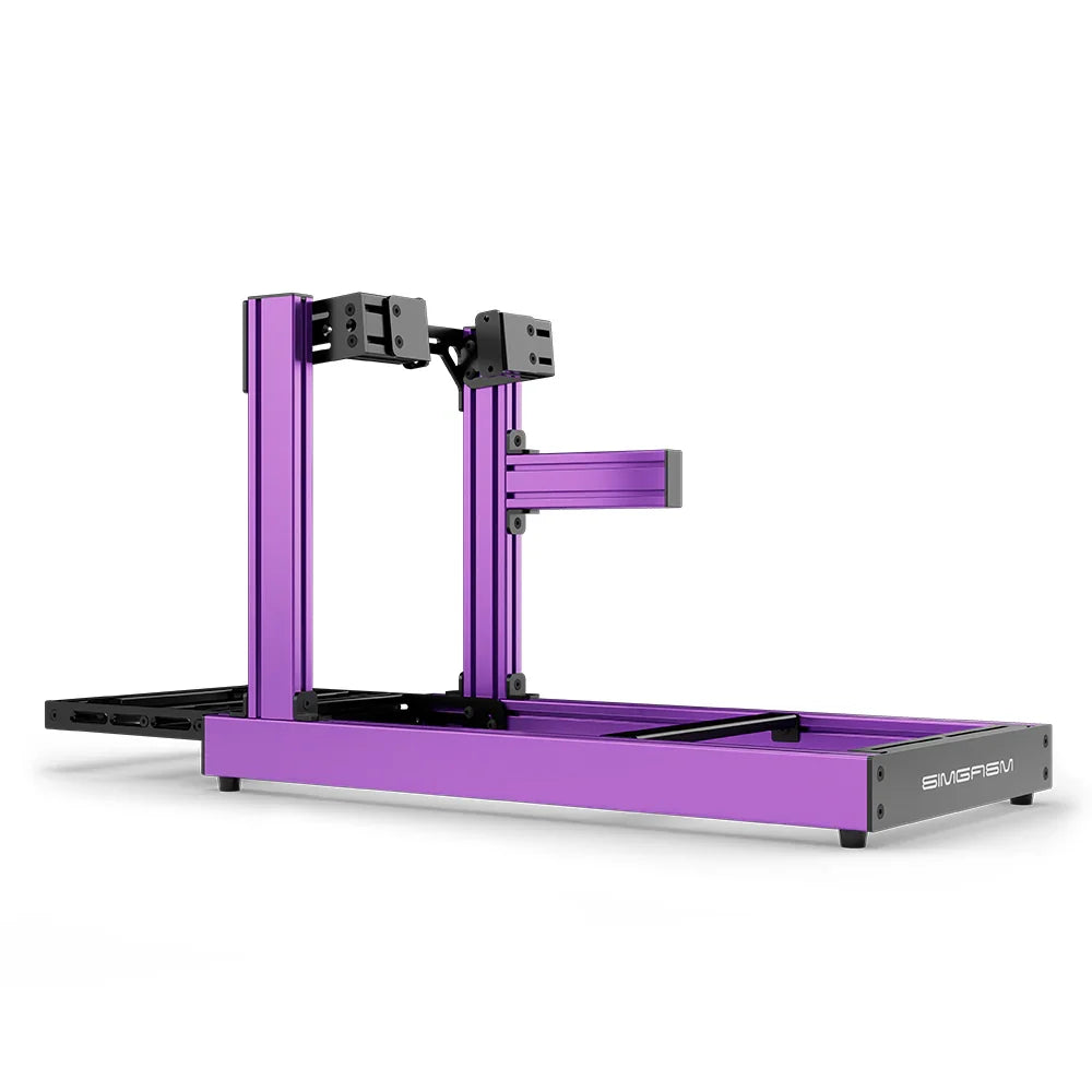 SIMGASM Club purple sim racing cockpit, side-mount wheel brackets, side-profile studio view