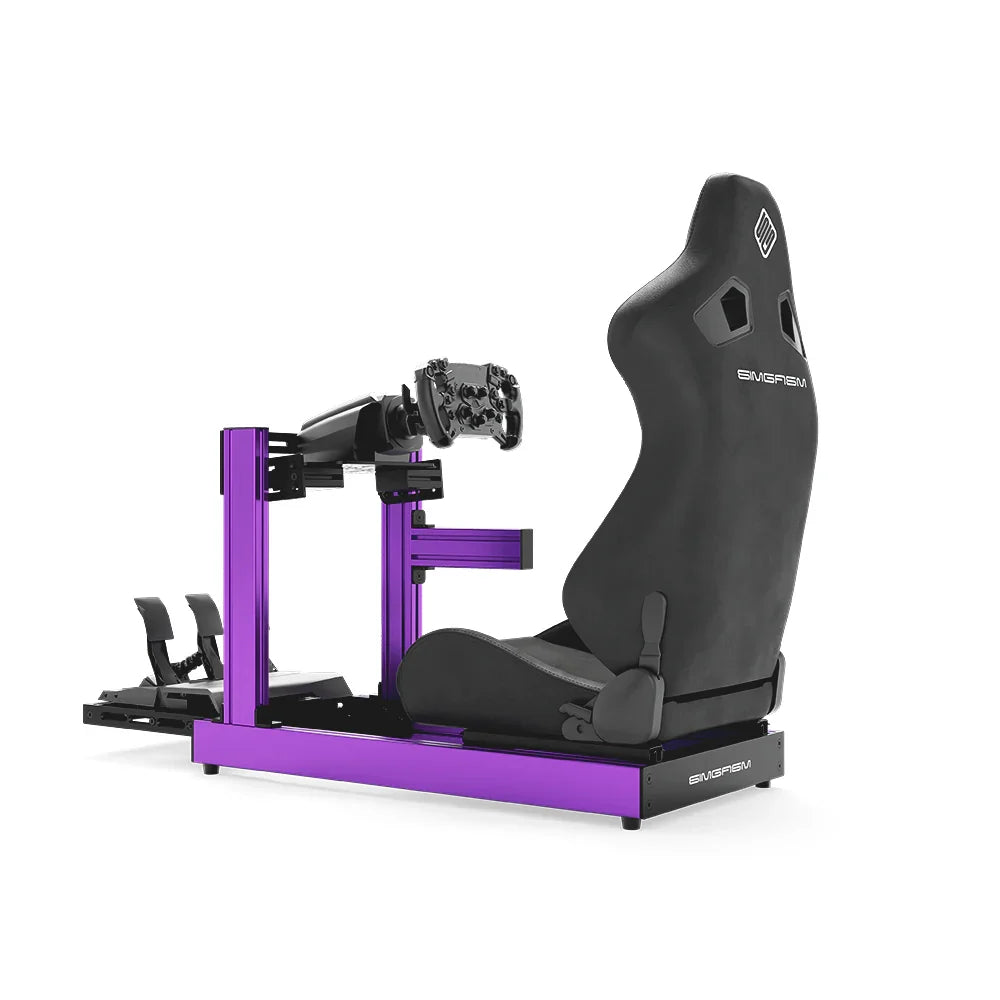 SIMGASM Club purple sim racing cockpit, black reclining seat and MOZA wheel base, side studio view showing seat back