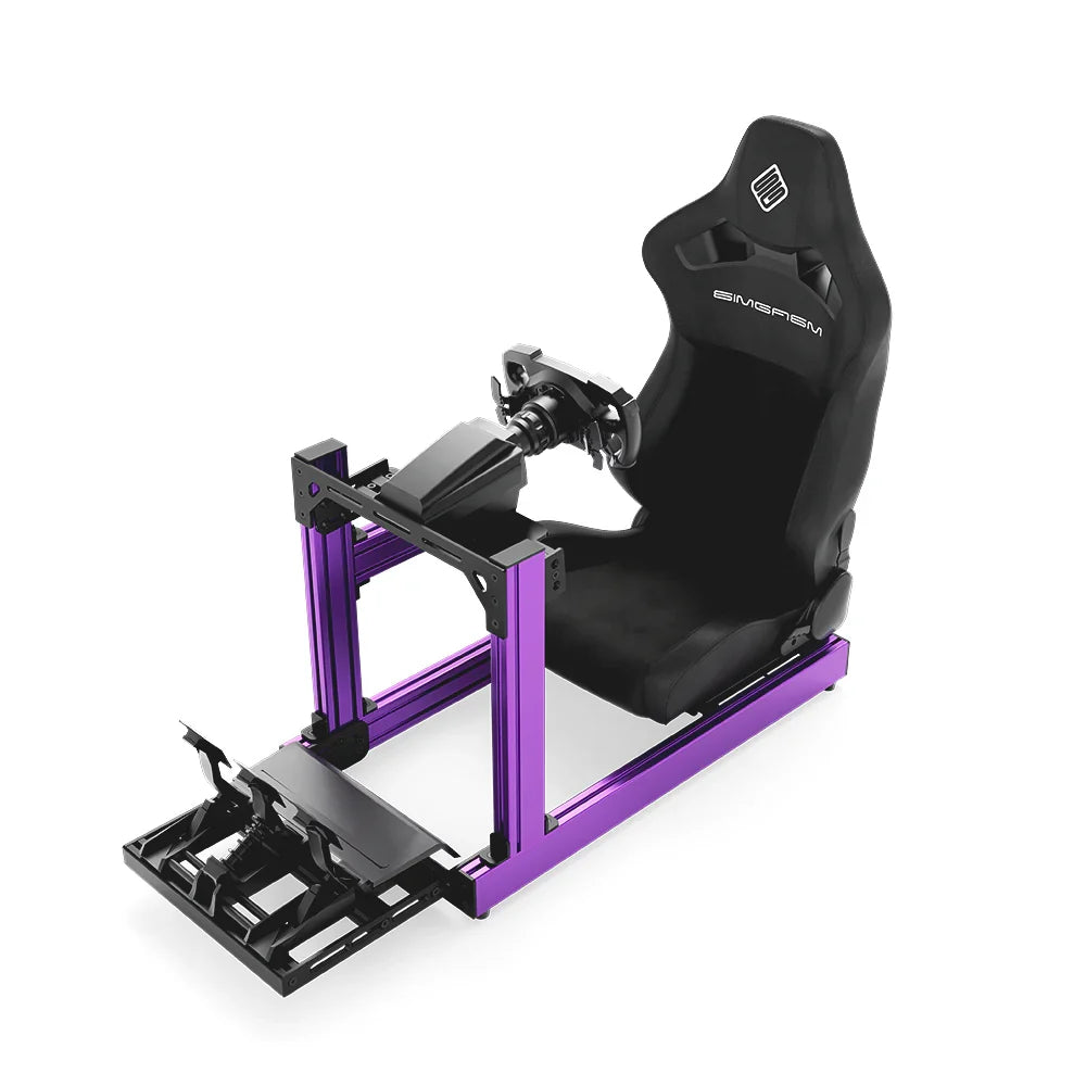 SIMGASM Club purple sim racing cockpit, black reclining seat and MOZA wheel base, elevated front studio view