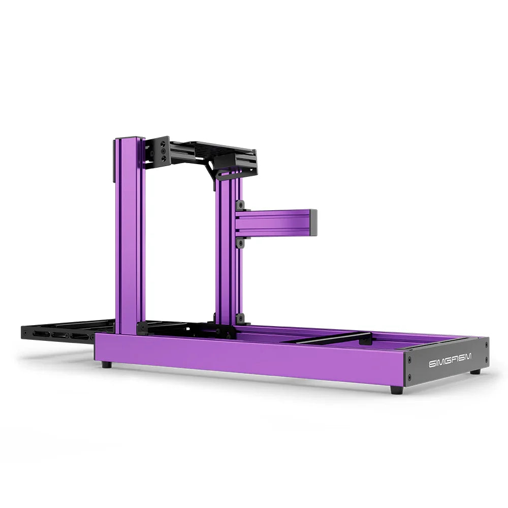 SIMGASM Club purple sim racing cockpit, bottom-mount wheel deck, side-profile studio view