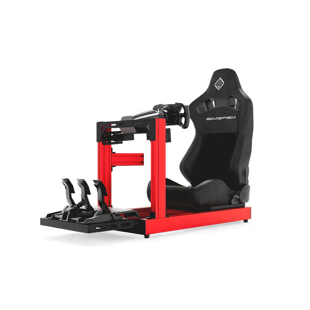 SIMGASM Club red sim racing cockpit, black reclining seat and MOZA wheel base, front three-quarter studio view