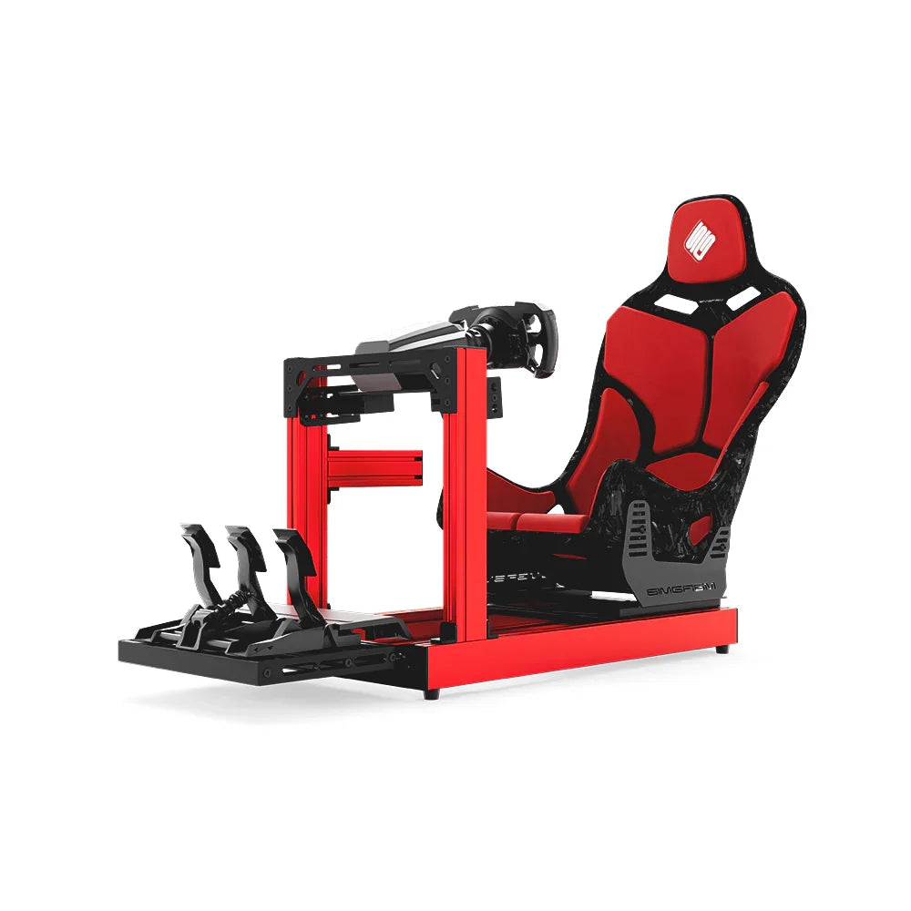 SIMGASM Club red sim racing cockpit, red Formula seat and MOZA wheel base, front three-quarter studio view
