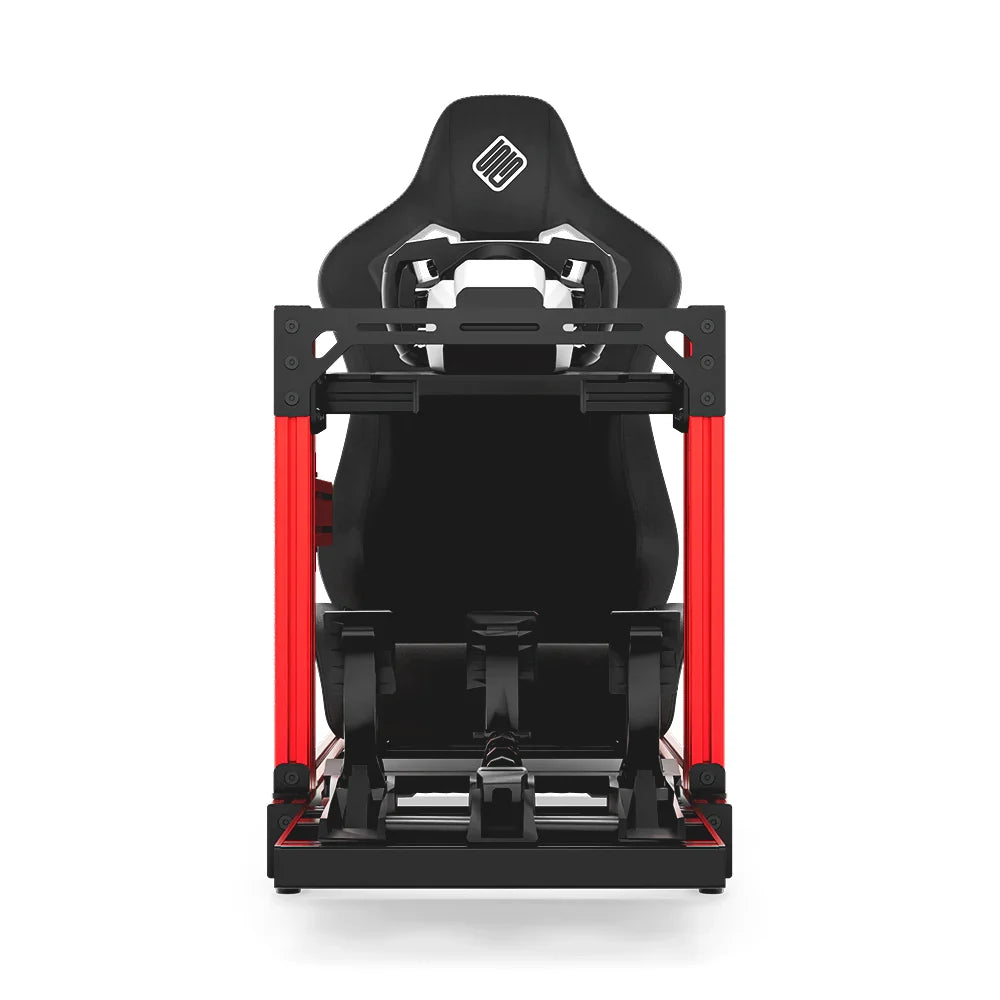 SIMGASM Club red sim racing cockpit, black reclining seat and MOZA wheel base, straight front studio view