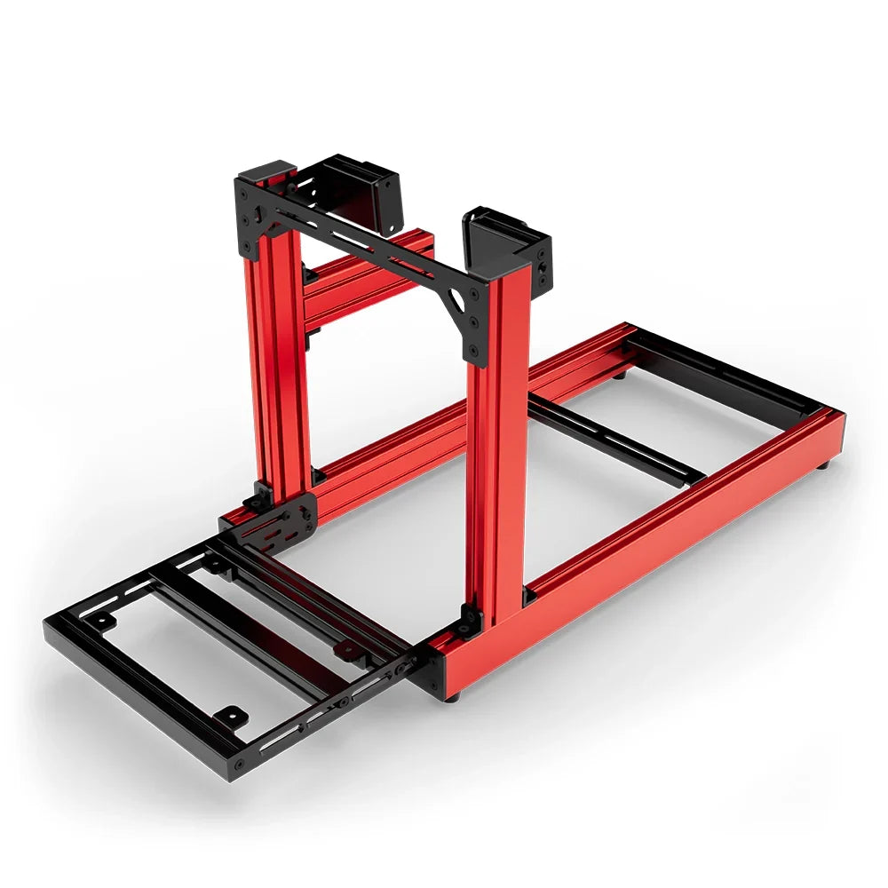 SIMGASM Club red sim racing cockpit, side-mount wheel brackets, pedal-end three-quarter studio view